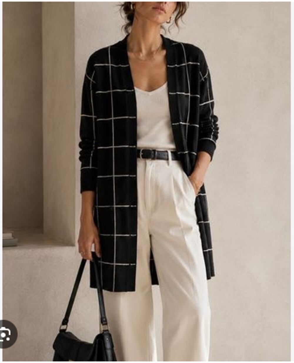 Eileen Fisher Sz M Windowpane Check Wool Open Long Cardigan Minimalist